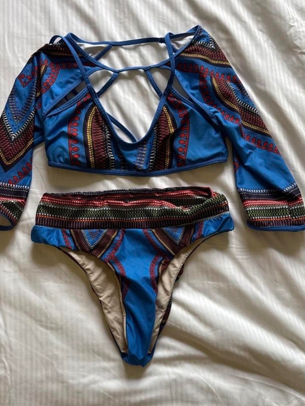 B FYNE Blue African Print Long Sleeve Bikini Set